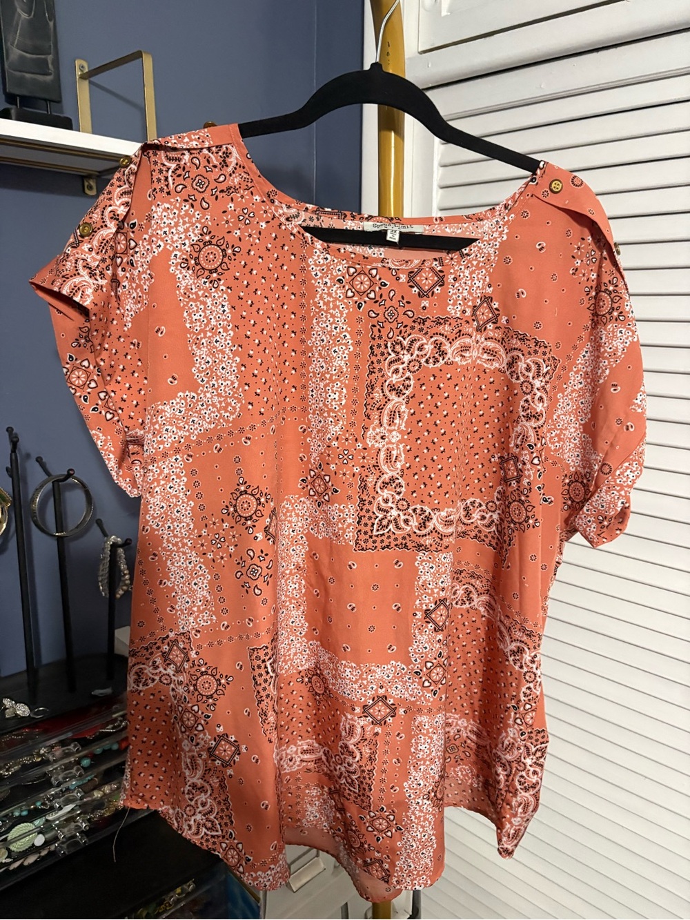 Bandana Print Short Sleeve Blouse in Coral